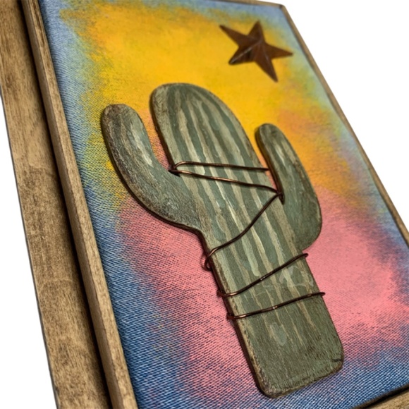 Mixed Media Wall Art Saguaro Cactus Scene Sunset Stars Desert Southwest 6 x 8 - Picture 3 of 5